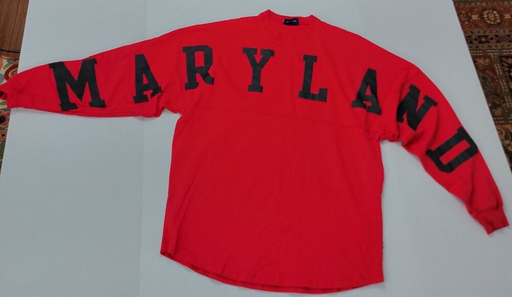 MARYLAND Spirit Jersey Red Black Long Sleeve Crew Neck Shirt Women's Size Small